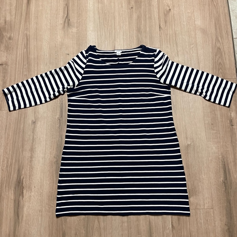 Women’s J. Crew Navy/White Striped 3/4  Sleeve Midi Dress 97% Cotton Size M EUC